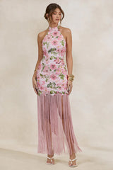Pink Floral Print Lace Halter-Neck Fringed Maxi Dress