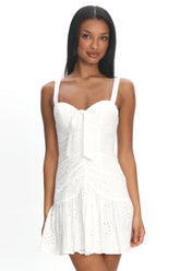 Rachelle Tied Bust Ruched Mini Dress Eyelet White