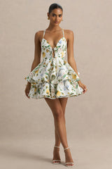Flavia | Lemon Floral Print Plunge-Neck Ruffled Skater Micro-Mini Dress