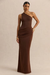 Arovia | Brown Satin Asymmetric-Neck Maxi Dress With Draped-Detail