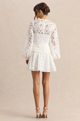 Helena | White Crew-Neck Mini Dress With Puff-Sleeves and Pleated Skirt