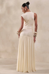 Cream High-Neck Maxi Dress Gathered-Detailing