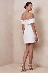 Norella | White Scalloped Bardot-Neck Mini Dress