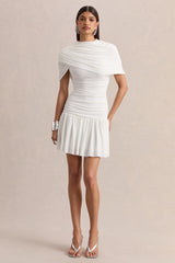 Fenella | White High-Neck Mini Dress With Cape-Sleeves And Ruched Detailing