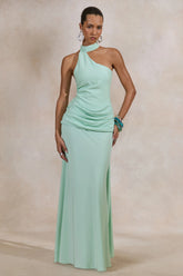 Aevina | Mint Satin Asymmetric-Neck Maxi Dress With Scarf-Detail