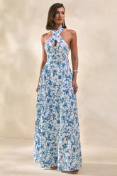 Liana | Blue Porcelain Print Halter-Neck Maxi Dress