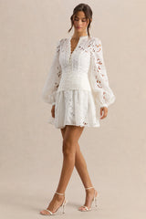 Helena | White Crew-Neck Mini Dress With Puff-Sleeves and Pleated Skirt