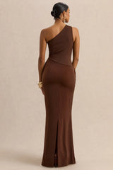 Arovia | Brown Satin Asymmetric-Neck Maxi Dress With Draped-Detail
