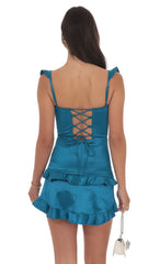Satin Ruffle Bodycon Dress in Cobalt