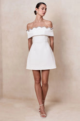 Norella | White Scalloped Bardot-Neck Mini Dress