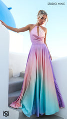 SUNSET PINK - Multi Colour pink Formal Dress, Satin High Neck Plunge & Backless