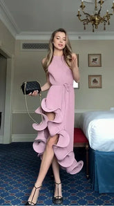 Sculpted Ruffle Asymmetric Hem Halter Midi Dress