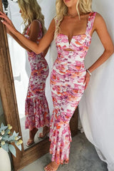 Floral Print Ruched Fishtail Dress