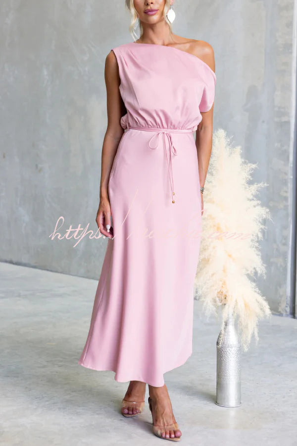 Solid Color One-shoulder Sleeveless Belted Casual Maxi Dress