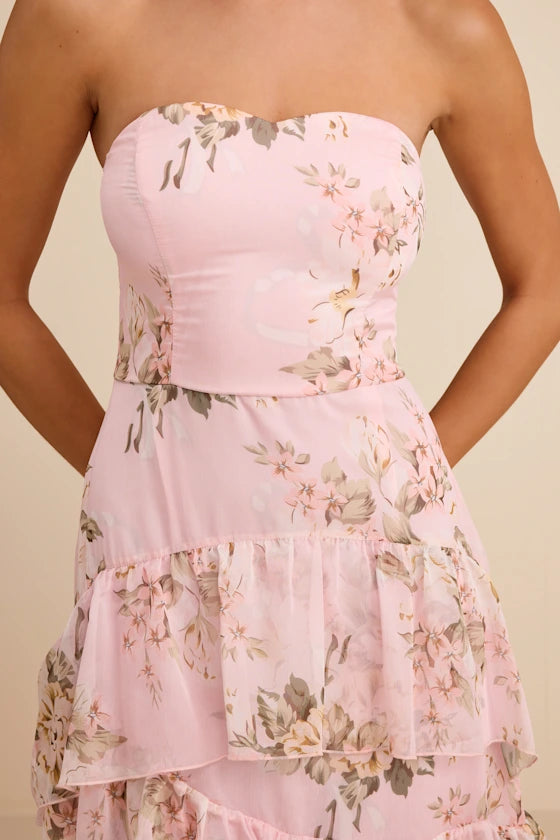 Niyati Blush Floral Strapless Tiered Maxi Dress