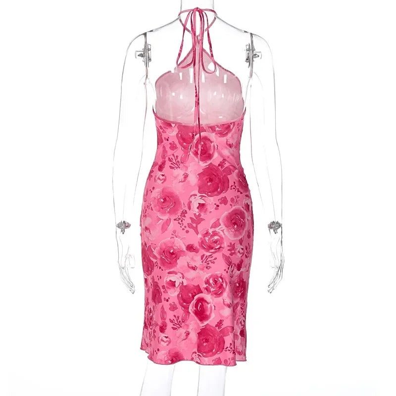 Rose Pink Print Halter Midi Dress