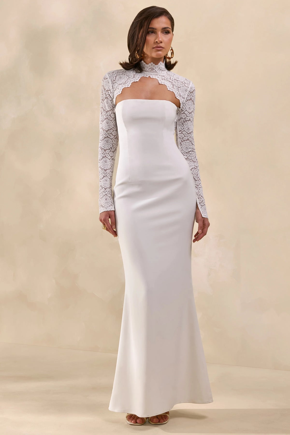 Yarrow | White Lace High-Neck Maxi-Dress With Open-Back