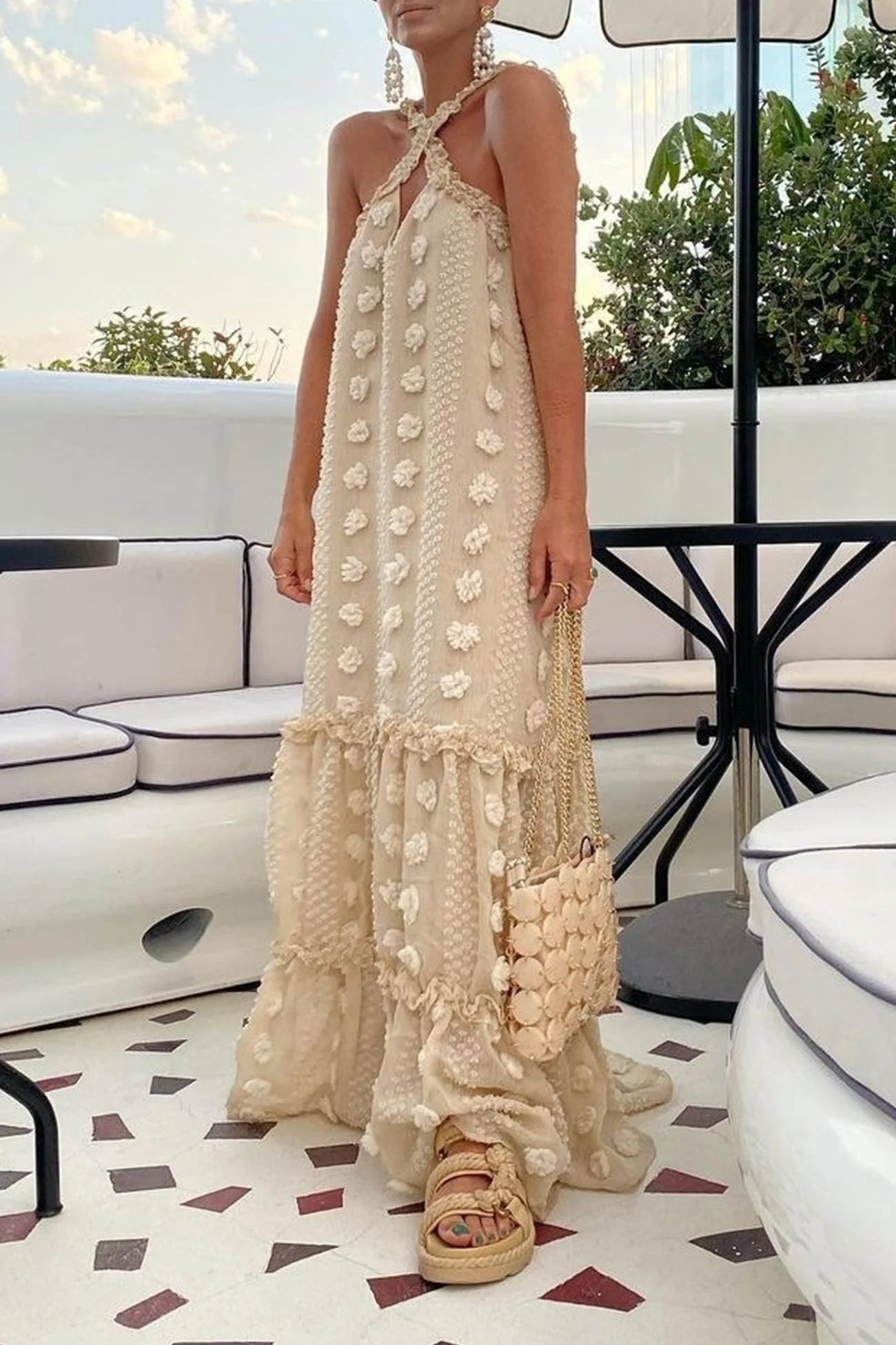 3D Floral Criss-cross Halterneck Maxi Dress