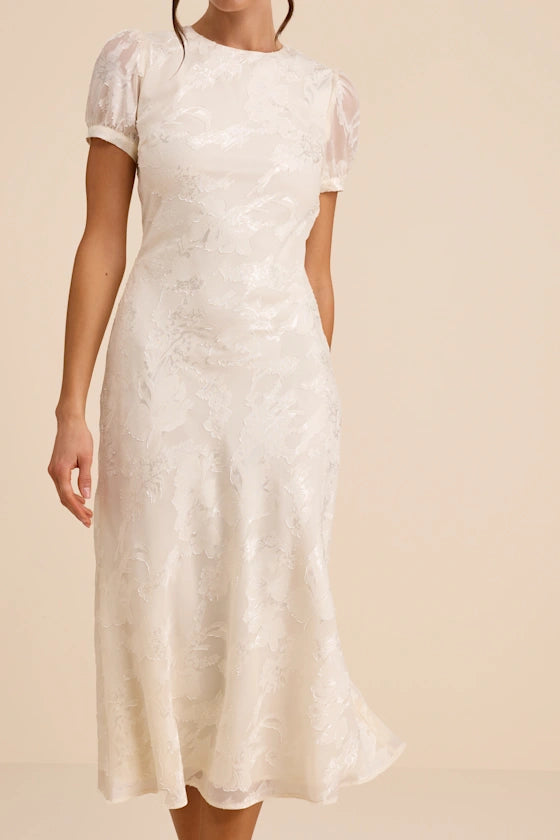 Bridget Ivory Floral Jacquard Puff Sleeve Midi Dress