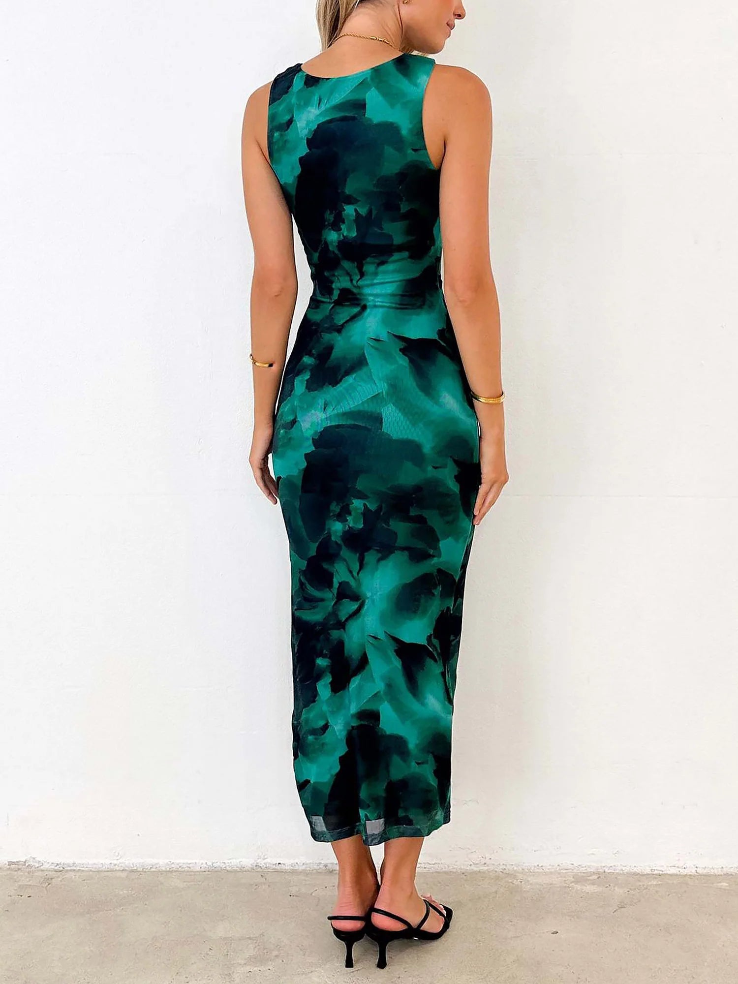 Lightweight Summer Floral Printed Mesh Sleeveless Slit Bodycon Maxi Dress for Beach Parties
