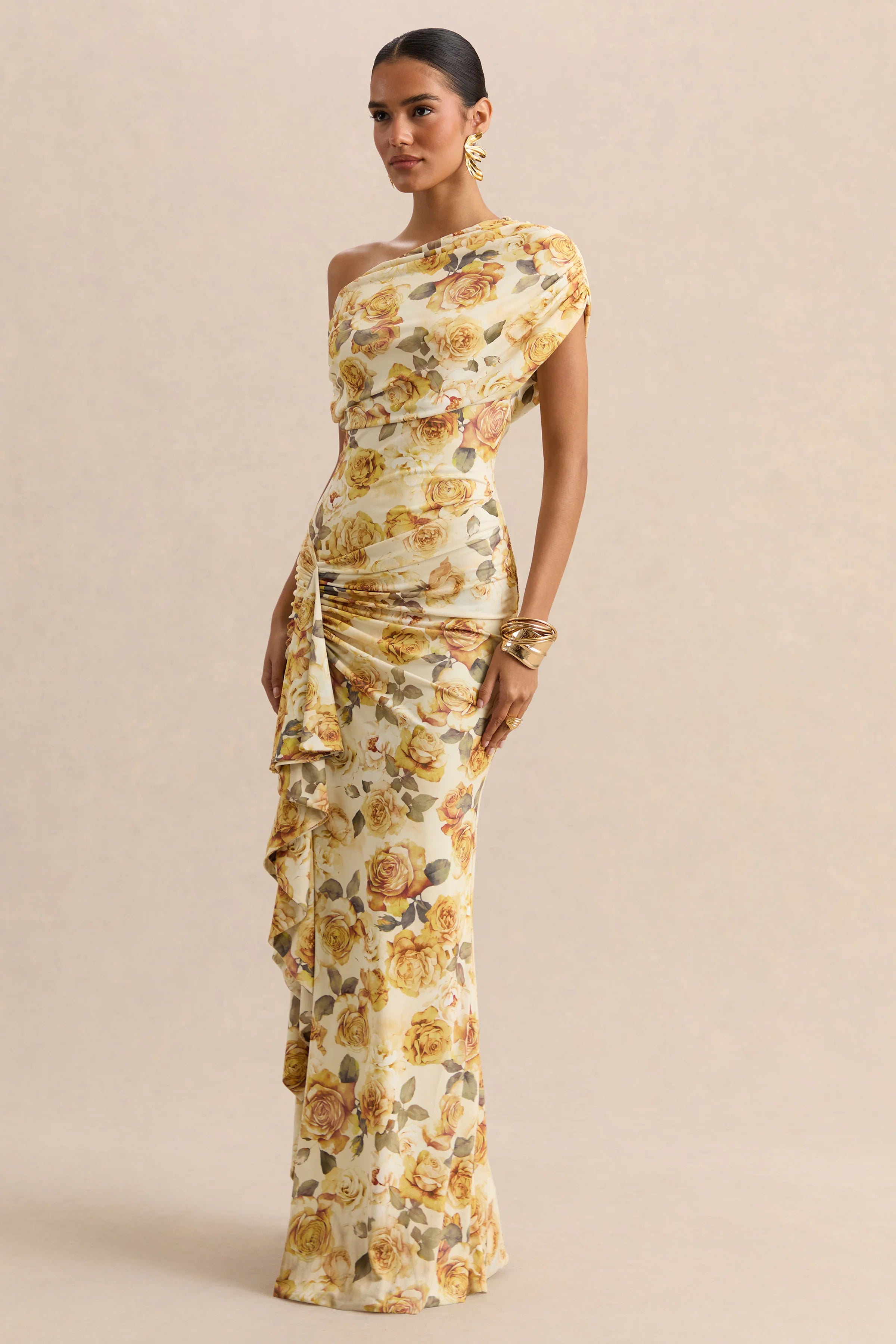 Siora | Lemon Rose Print Asymmetric-Neck Maxi Dress With Draped-Detailing