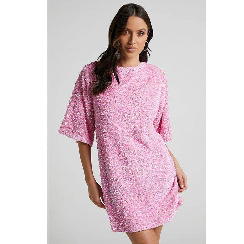 Velvet Sequin Elegant V neck Backless Short Sleeve Dress