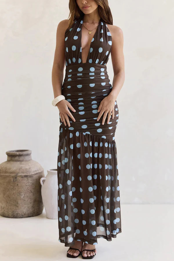 Polka Dot Print Halter Neck Tie Pleated Slim-fit Maxi Dress