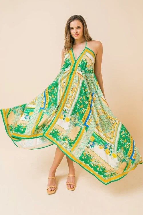 Back At It Patch Print Hanky Hem Halter Dress