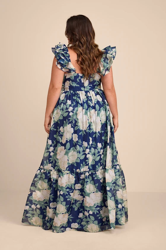 Soiree Perfection Navy Floral Ruffled Tiered Maxi Dress