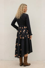 Floral Print Irregular Hem Retro Midi Dress
