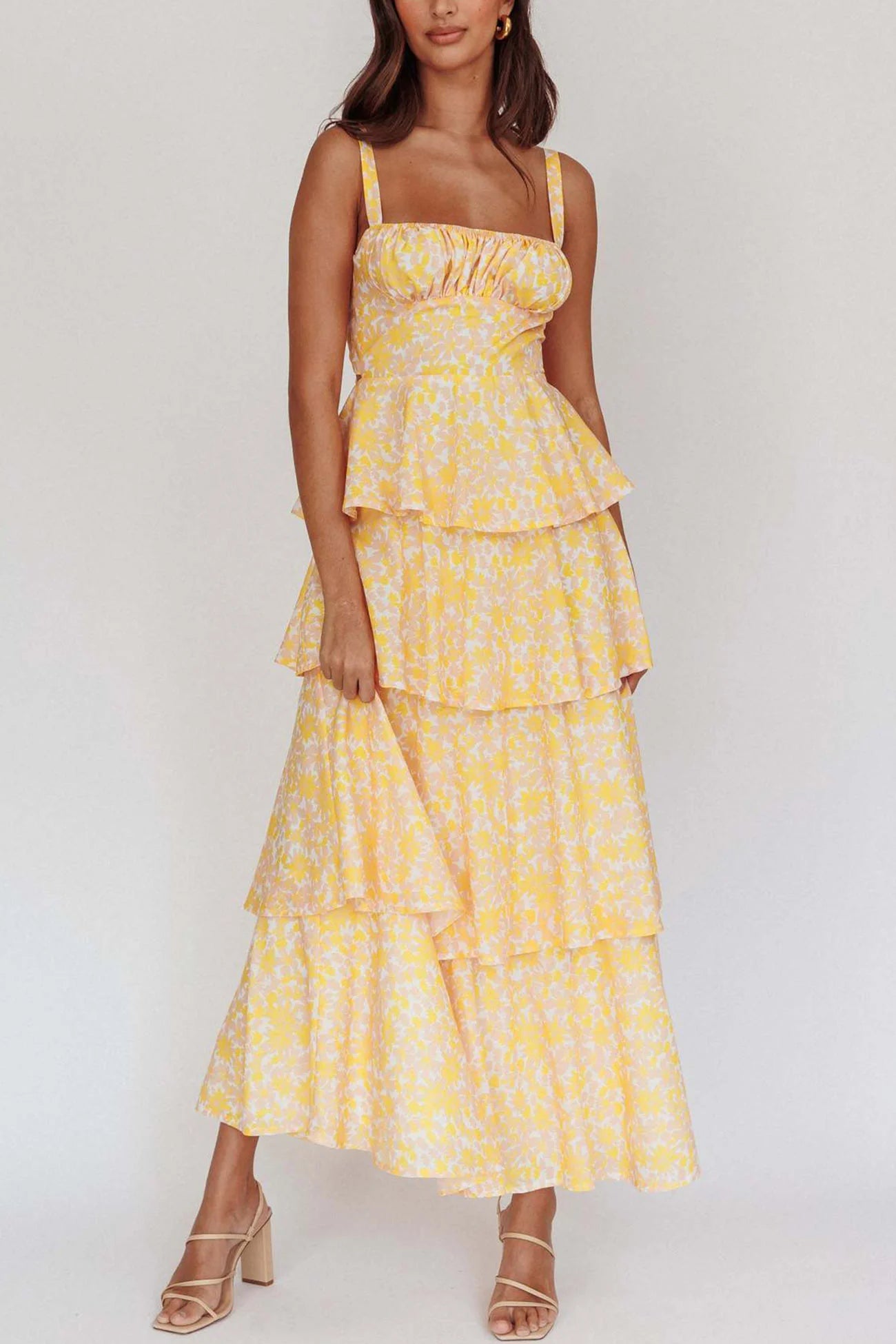 Floral Print Tie-up Tiered Midi Dress