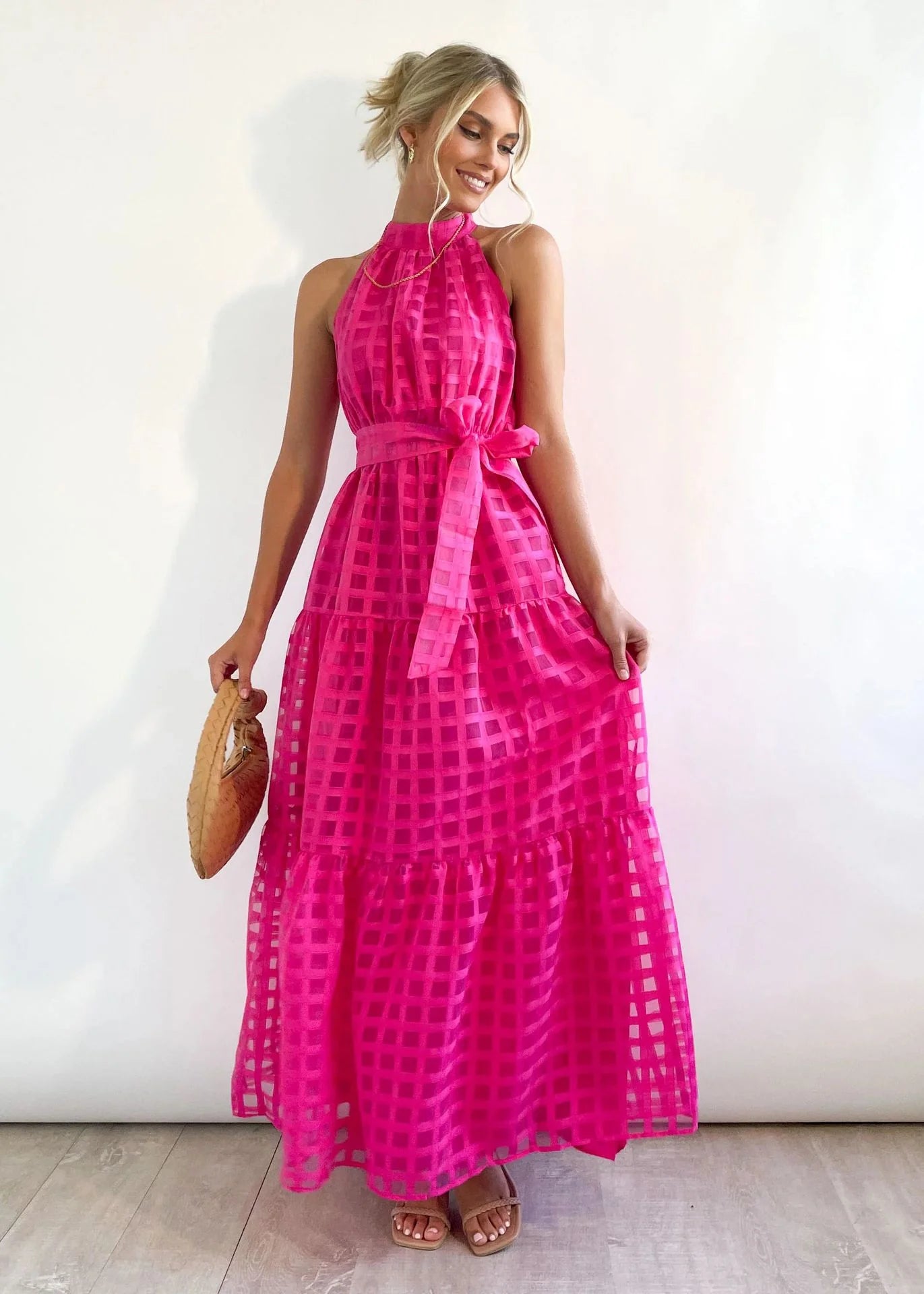 2023 Fashion Trends | Hot Pink Halter Retro Maxi Summer Dress