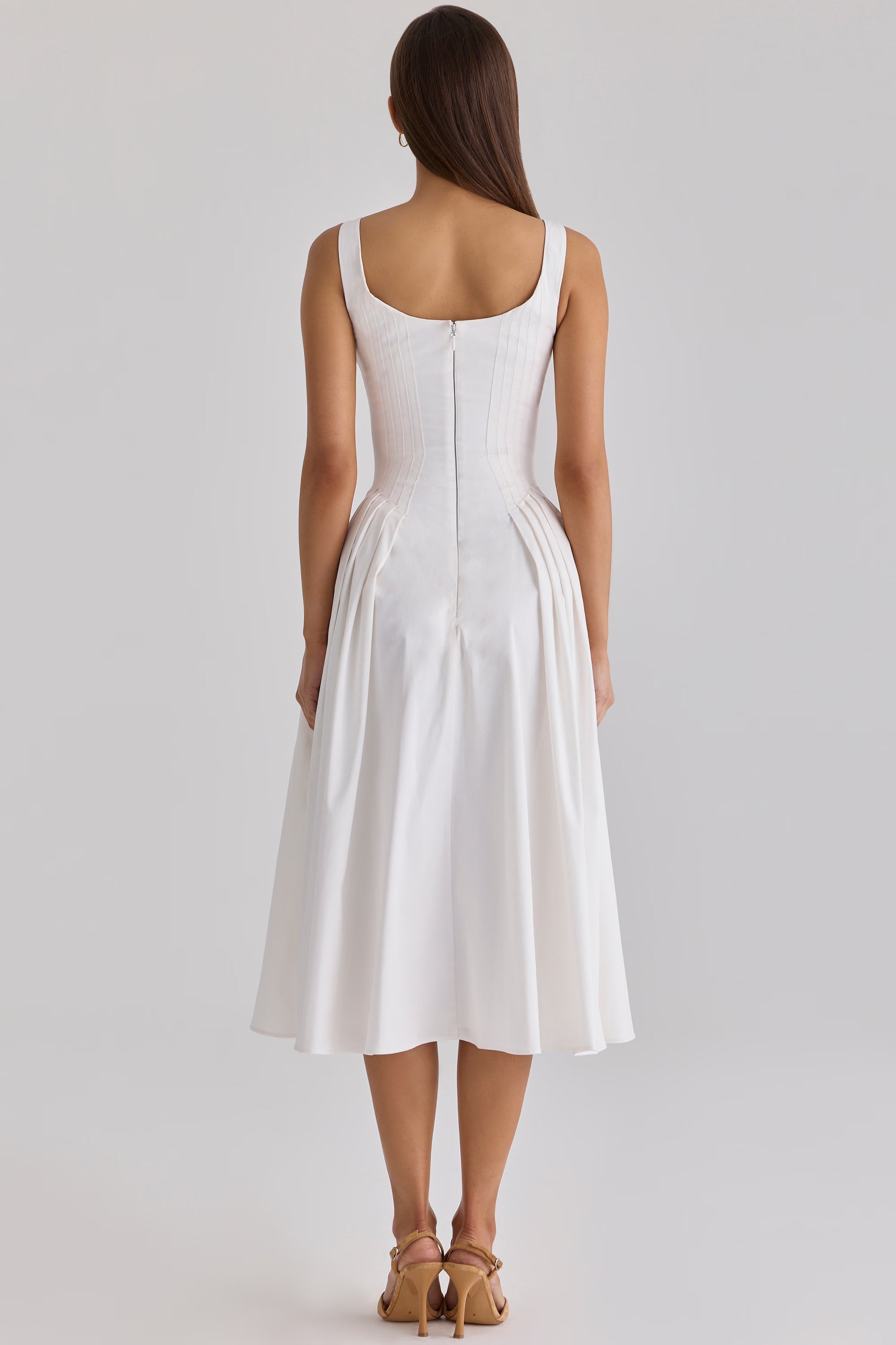 white pleated cotton peekaboo midi dress