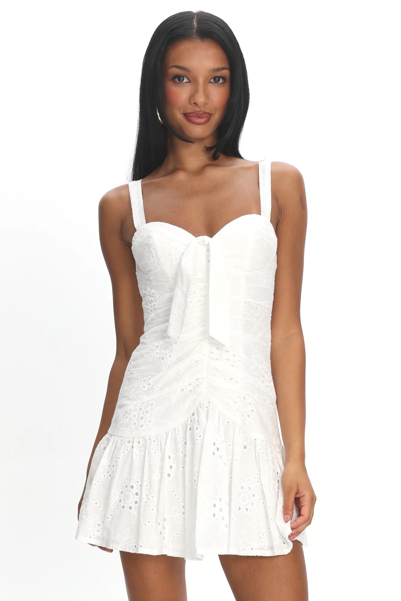 Rachelle Tied Bust Ruched Mini Dress Eyelet White
