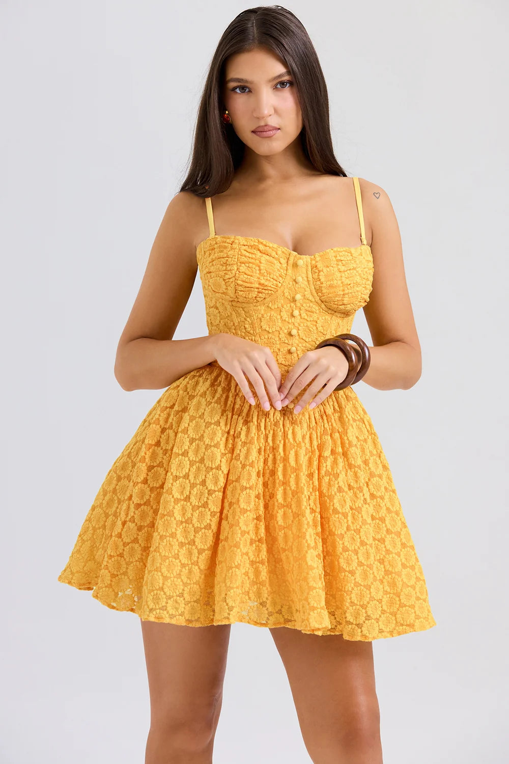 Apricot Lace Corset Mini Dress - Yellow