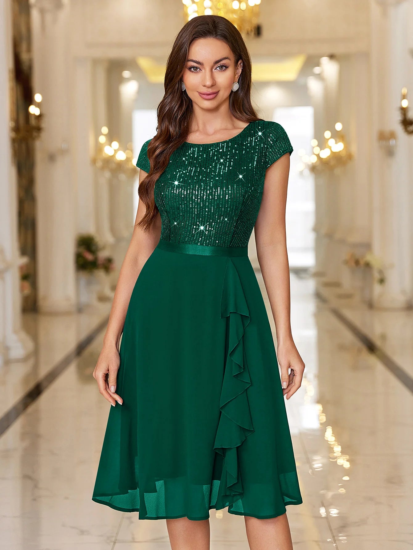 Sequin Lace Ruffle Trim Chiffon Cocktail Party Swing Dress for Weddings, Proms & Formal Events
