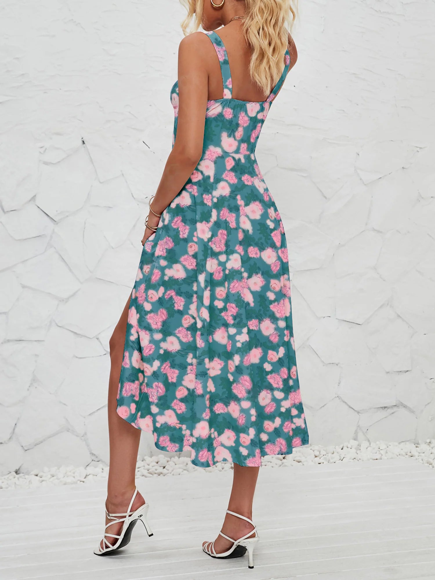 Floral Sleeveless Lace-Up Side Slit Dress Sundress