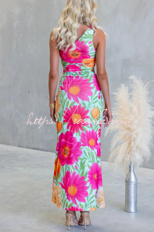 Unique Printed One-Shoulder Cutout Fitted Lace-Up Maxi Dress