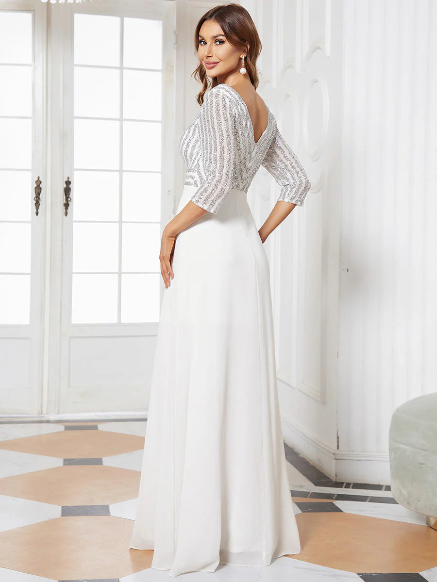 Sexy V Neck A-Line Sequin Wholesale Evening Dresses With 3/4 Sleeve