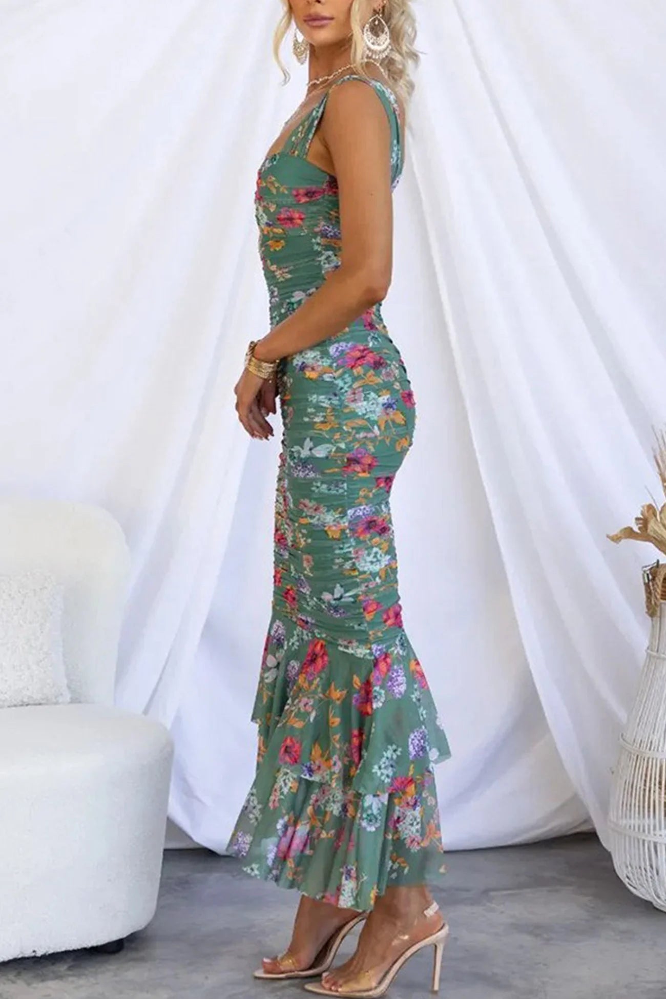 Floral Print Ruched Fishtail Dress