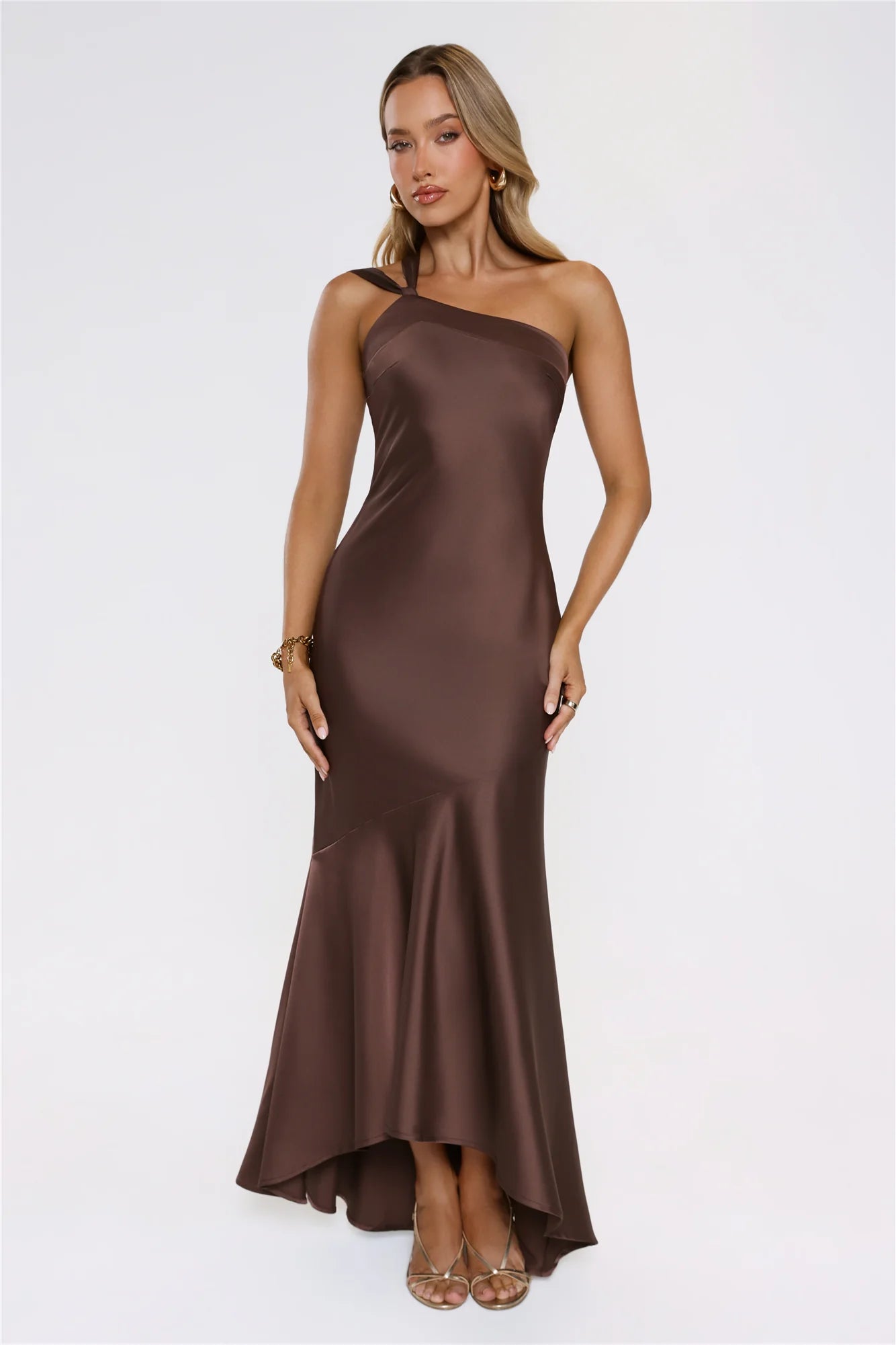 Romantic Affair Satin One Shoulder Maxi Dress Brown