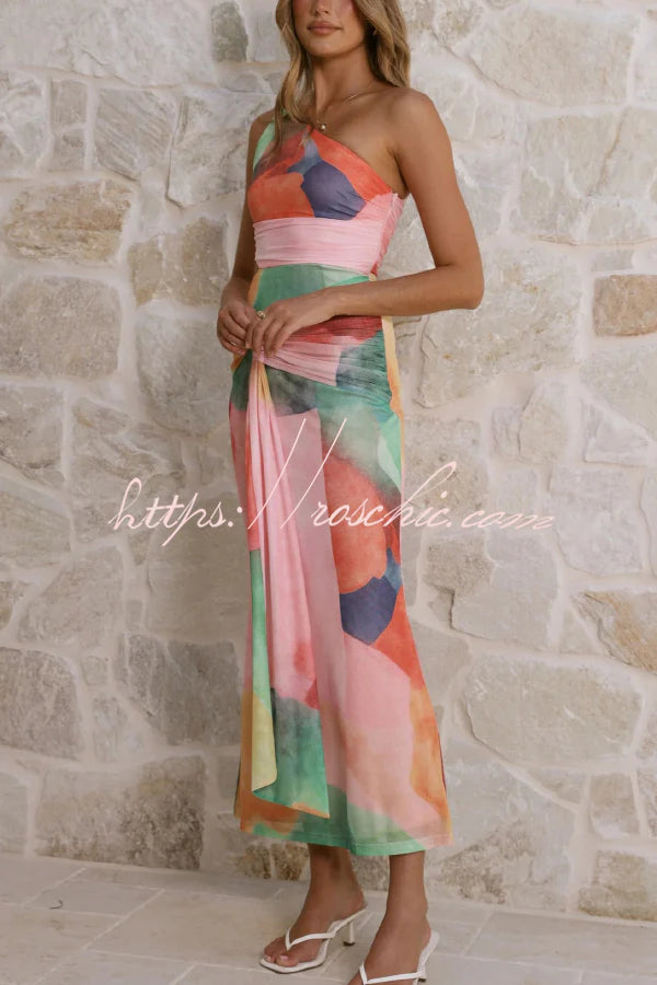Unique Printed One-Shoulder Cutout Fitted Lace-Up Maxi Dress