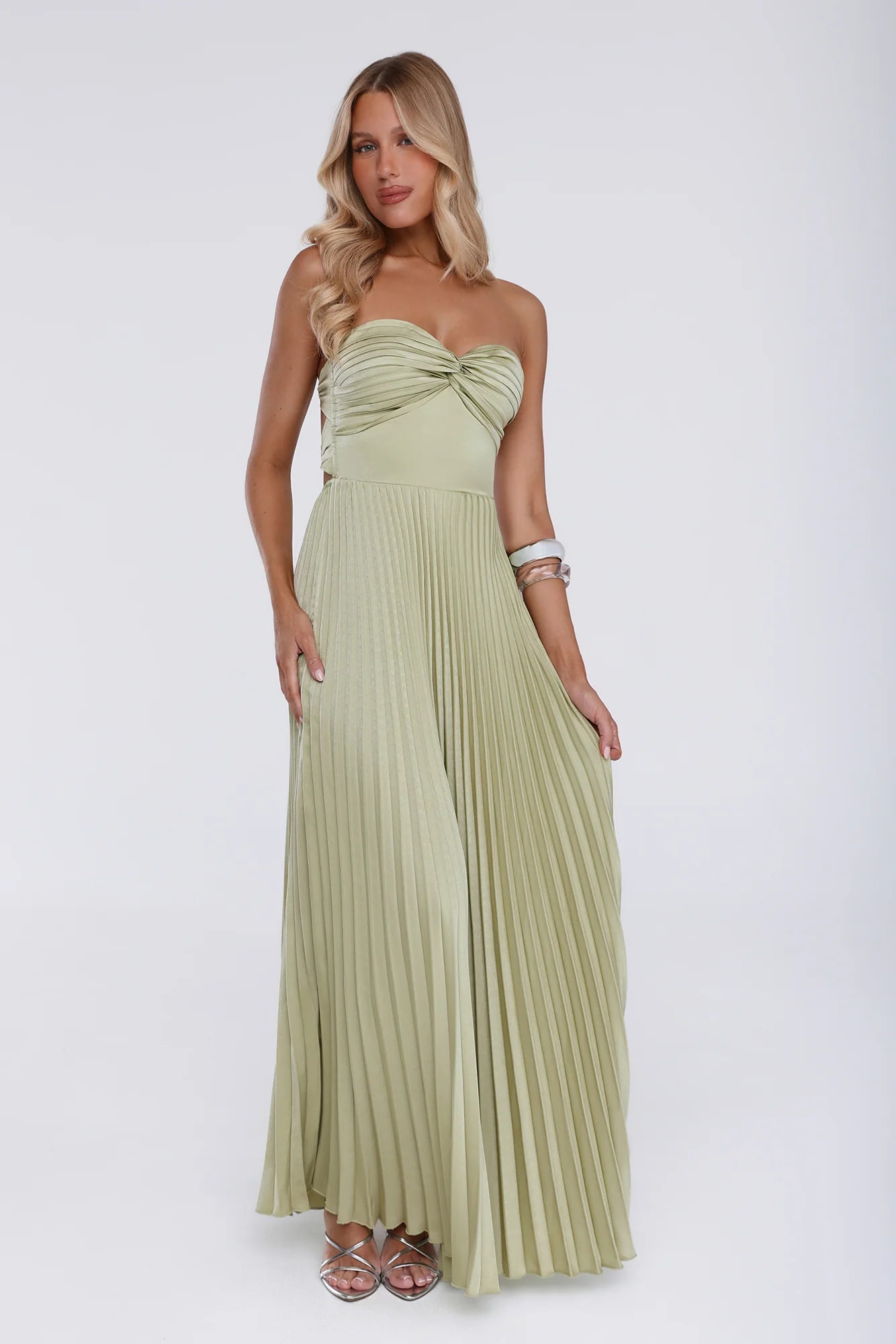 Sassy Sunshine Satin Pleated Strapless Maxi Dress Green