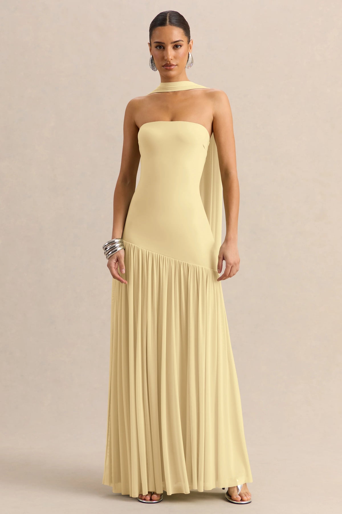 Bambi | Lemon Bandeau-Neck Maxi Dress With Scarf-Detail