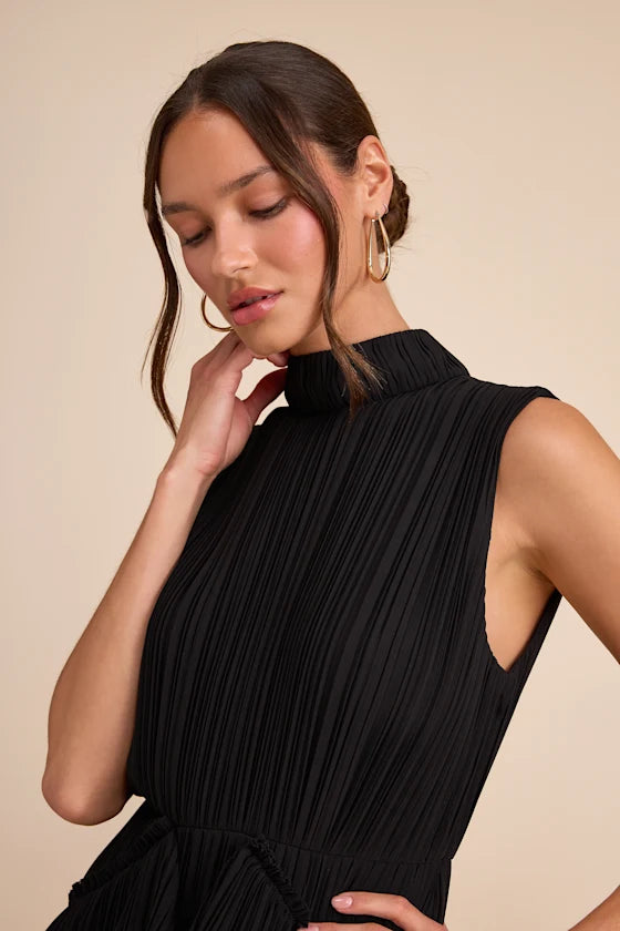 Alvana Black Plisse Mock Neck Ruffled Mini Dress