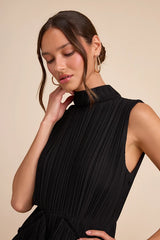 Alvana Black Plisse Mock Neck Ruffled Mini Dress