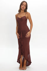 Kamilah Gathered Cascading Ruffle Midi Dress Maroon