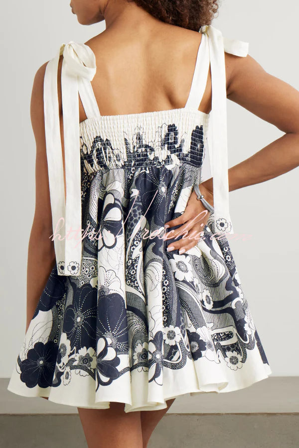 Unique Print Square Neck Spaghetti Strap Tie Full Hem Mini Dress
