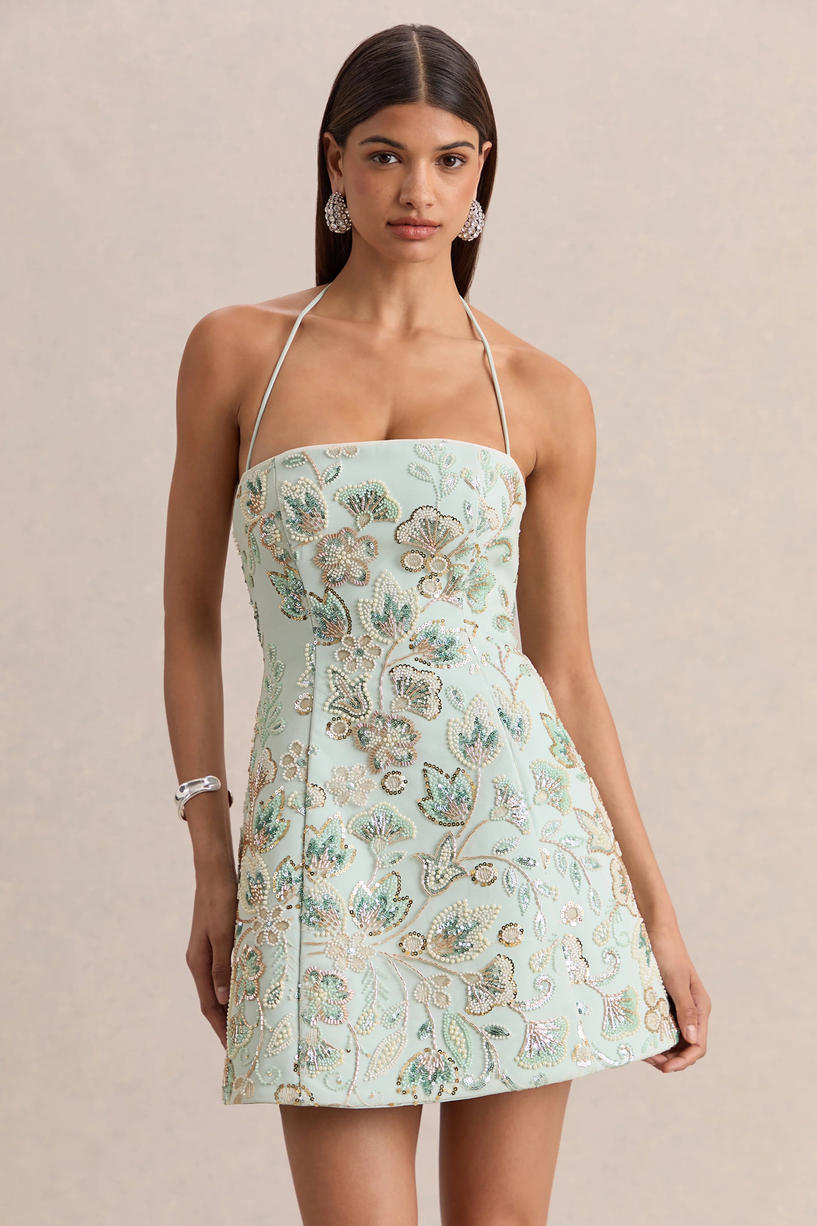 Brianna | Mint Floral Embellished Square-Neck Mini Dress