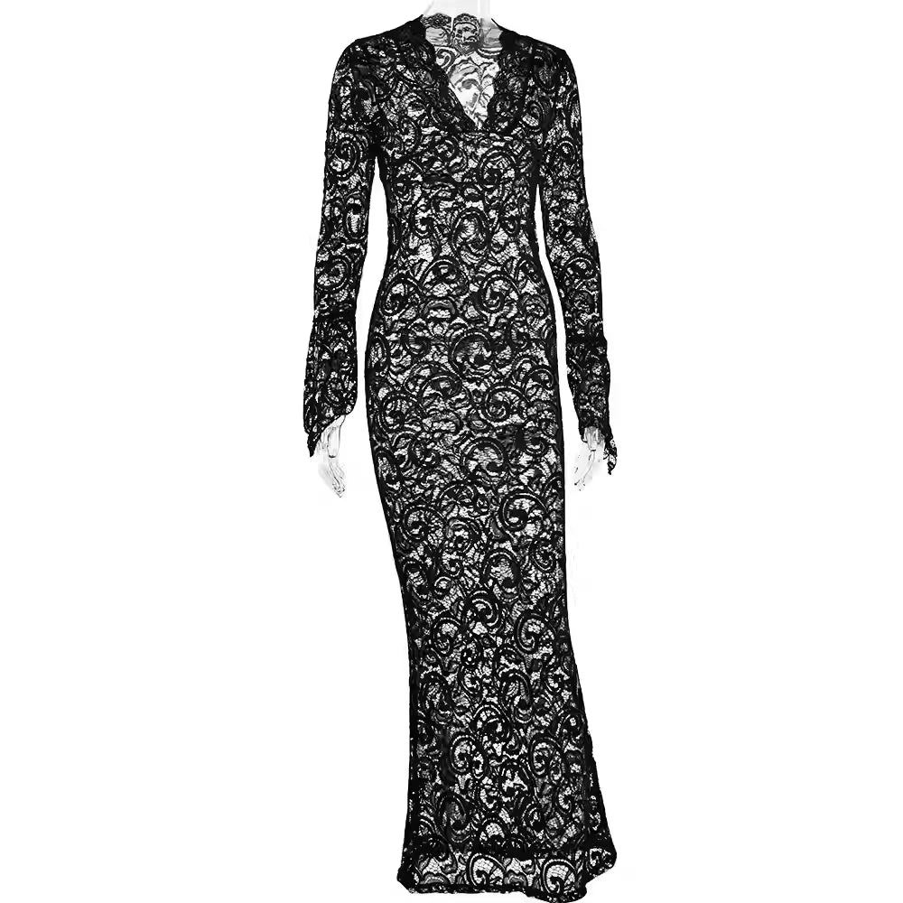 Elegant Lace See Through V-neck Maxi Sexy Dress,White Prom Dress  Y4608